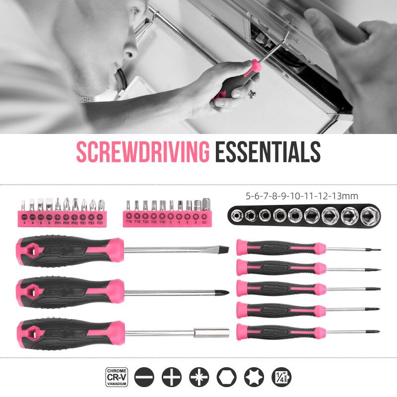56 szt. Różowy zestaw narzędzi do domu Podstawowe narzędzia ręczne Box Naprawy Kompletny zestaw narzędzi dla kobiet